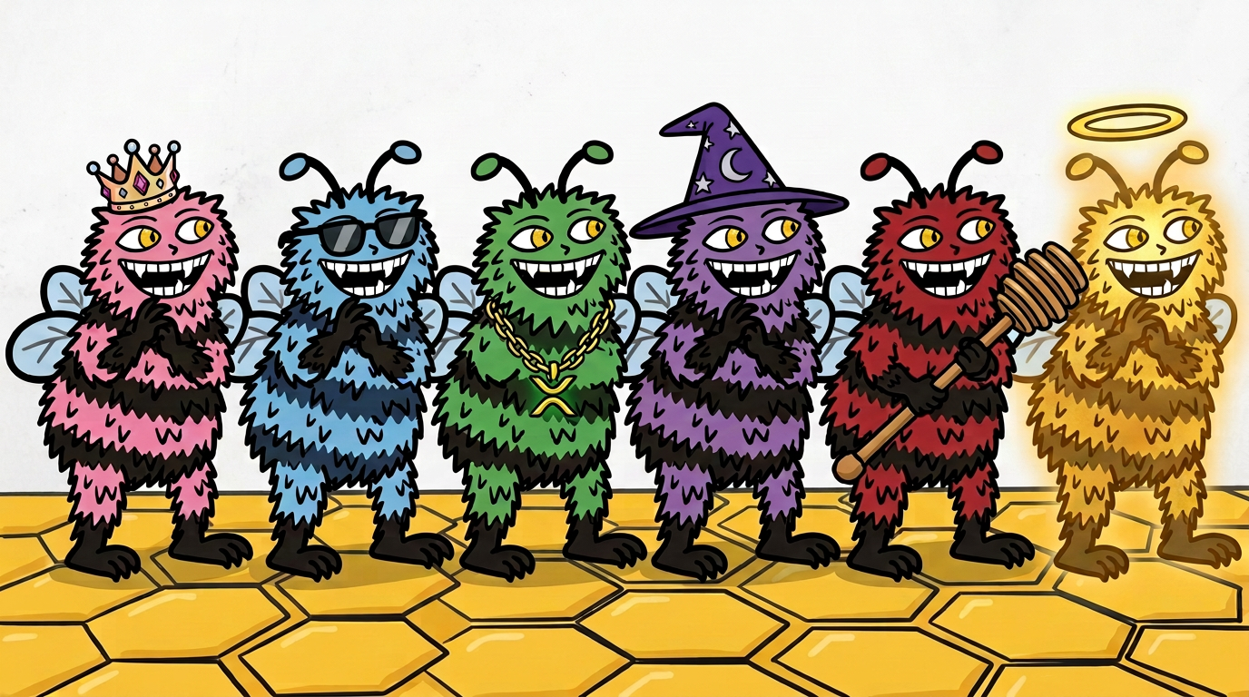 Six Buzzy NFT bees in different colours and traits